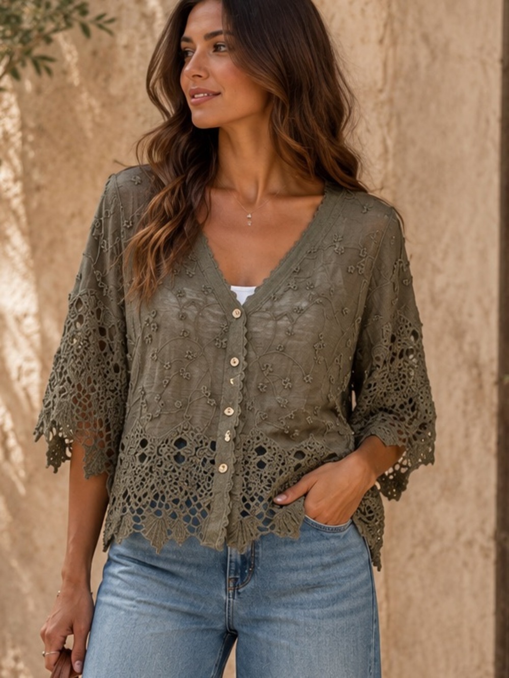 MADE IN ITALY 🇮🇹 Olive Green Crochet Lace Button-Front Top